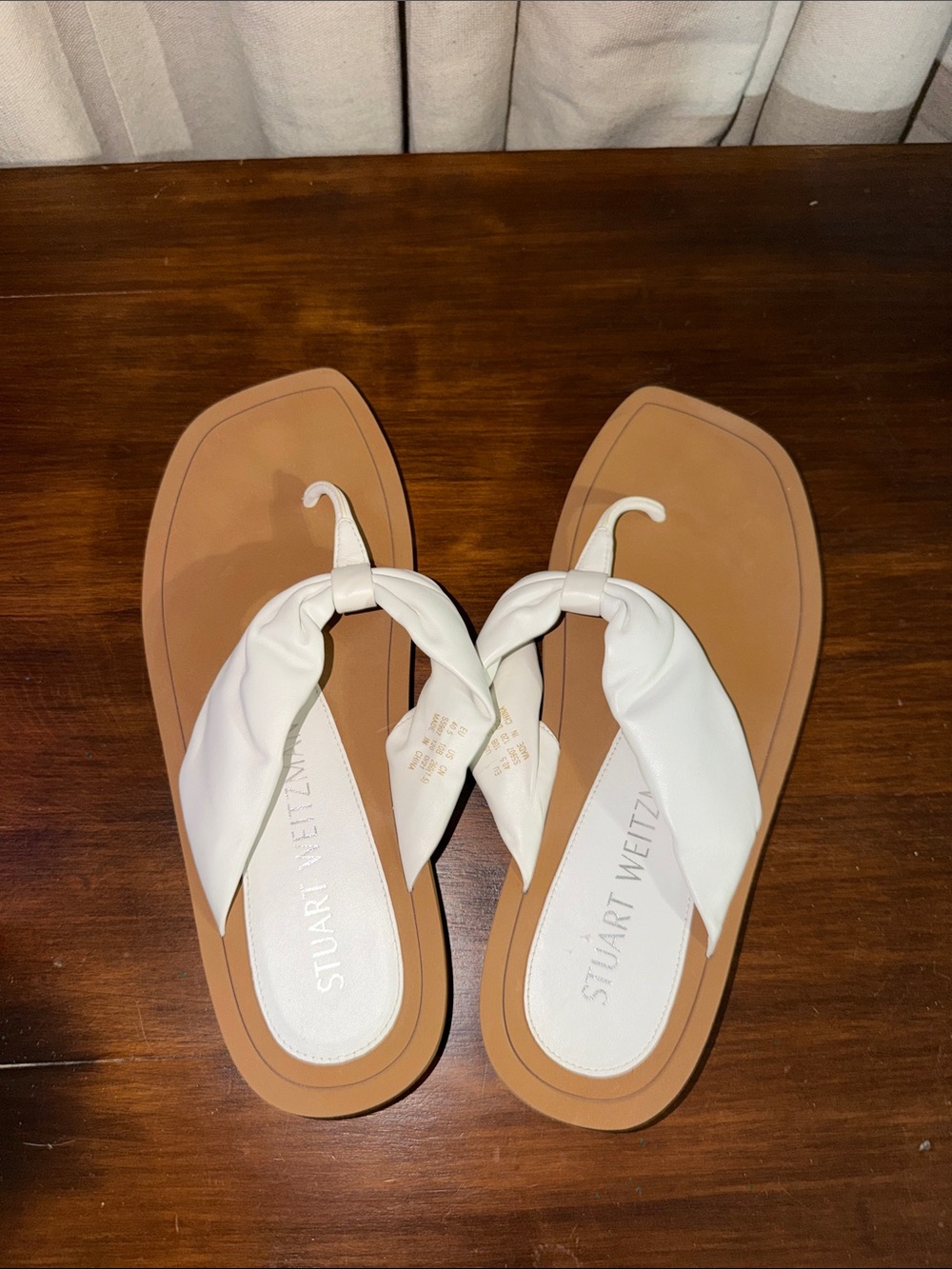 Stuart Weitzman Cassie White Knotted Thong Sandals with Tan Footbed Squared Toe
